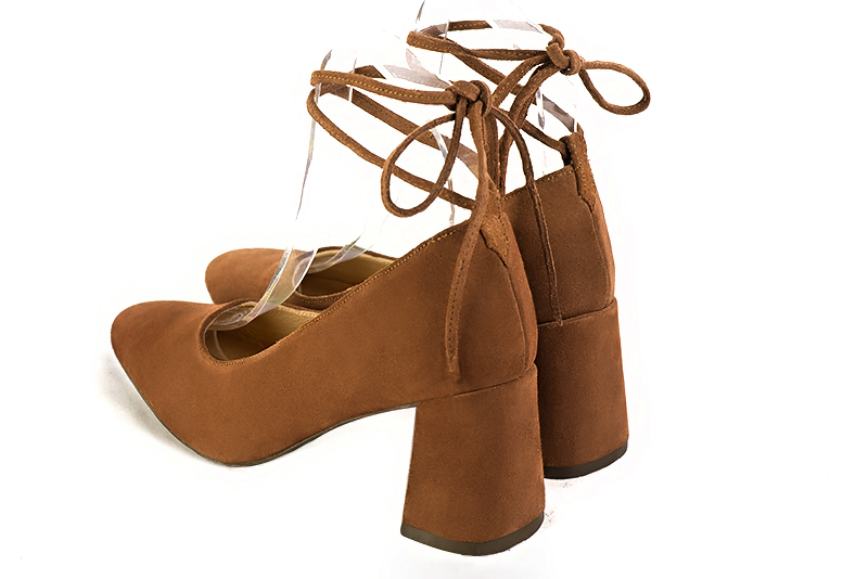 Caramel brown women's dress pumps, with a round neckline. Round toe. High flare heels. Rear view - Florence KOOIJMAN